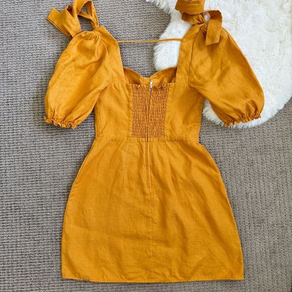 Reformation Spring Bow Linen Dress 2 - Mustard Yellow / Orchid - Picture 5 of 8
